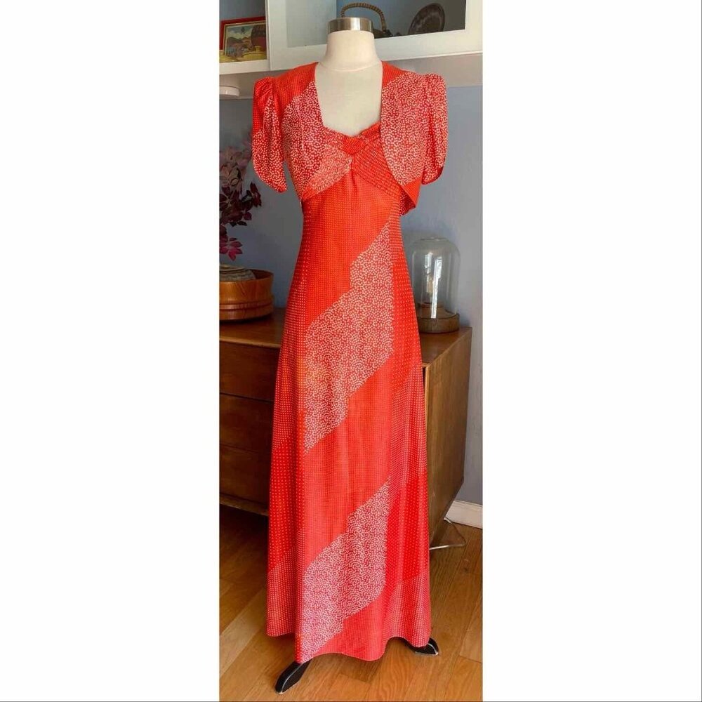 Vtg 1970s YOUNG INNOCENT by Arpeja Maxi Dress Bolero Set 2pc Retro XS/S Red